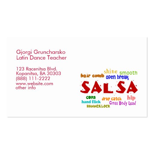 Salsa Dancing Latin Dance Teacher or Dancer Business Card Template (back side)
