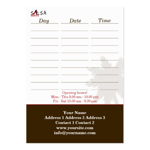 Salsa Moves - Business-, Schedule Card Business Cards (back side)
