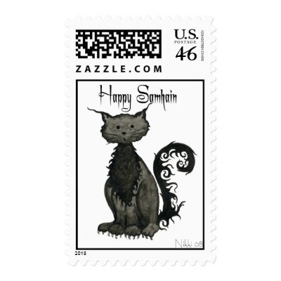 Samhain Cat Postage Stamp by 13BlackCatsDesigns