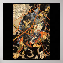 Samurai fighting large monster, circa 1800's print
