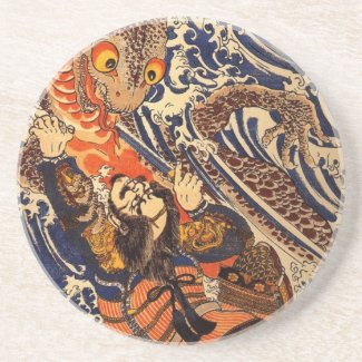 Samurai fighting large reptile, circa 1800's coaster