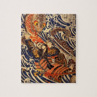 Samurai fighting large reptile, circa 1800's puzzle