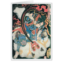Samurai Killing a Demon, Ancient Japanese Painting Greeting Card