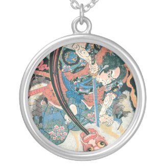 Samurai Killing a Demon, Ancient Japanese Painting necklace