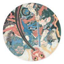 Samurai Killing a Demon, Ancient Japanese Painting Round Stickers