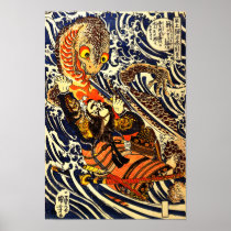 Samurai Warrior Fighting Giant Salamander Print