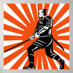Samurai warrior with katana sword pointing side posters