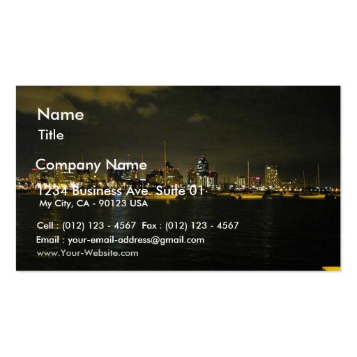 San Diego Skyline Buildings Water Sailboats Nightt Business Cards (front side)