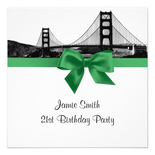 San Fran Skyline Etched BW Dark Jade SQ Birthday Custom Invites