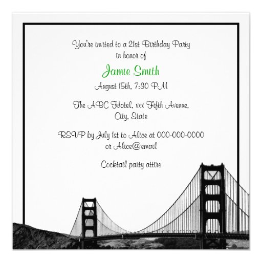 San Fran Skyline Etched BW Dark Jade SQ Birthday Custom Invites