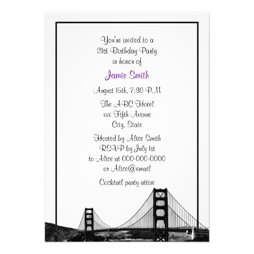 San Fran Skyline Etched BW Purple Birthday Party Invites