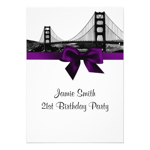 San Fran Skyline Etched BW Purple Birthday Party Invites