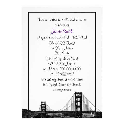 San Fran Skyline Etched BW Purple Bridal Shower Personalized Announcement
