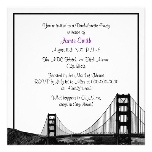 San Fran Skyline Etched BW Purple SQ Bachelorette Personalized Announcements