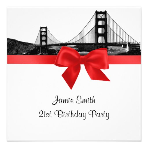 San Fran Skyline Etched BW Red SQ Birthday Party Personalized Announcement