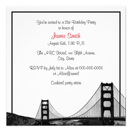 San Fran Skyline Etched BW Red SQ Birthday Party Personalized Announcement