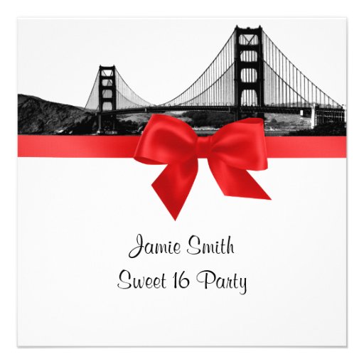 San Fran Skyline Etched BW Red Sweet Sixteen SQ Custom Announcement
