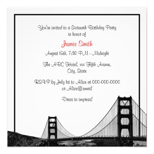 San Fran Skyline Etched BW Red Sweet Sixteen SQ Custom Announcement