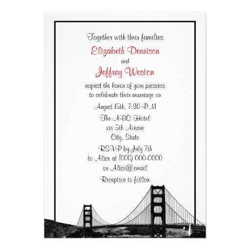 San Fran Skyline Etched BW Red Wedding Personalized Announcements