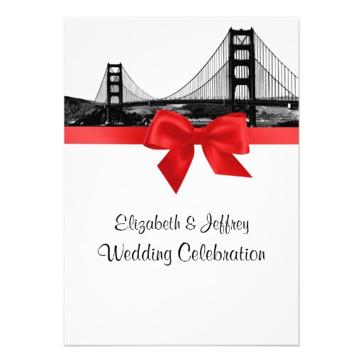 San Fran Skyline Etched BW Red Wedding Personalized Announcements