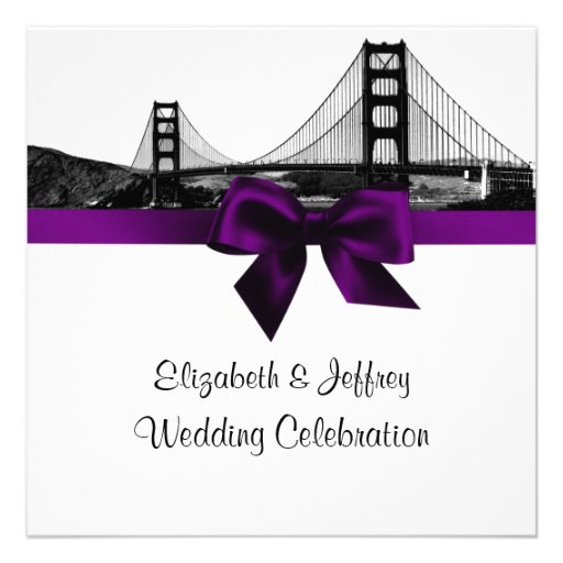 San Fran Skyline Etched BW SQ Purple Wedding Invitations