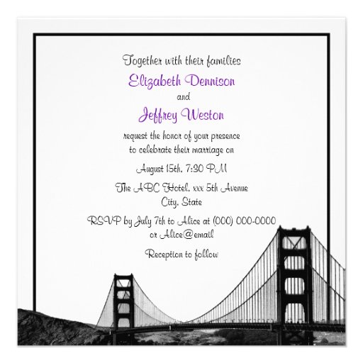 San Fran Skyline Etched BW SQ Purple Wedding Invitations