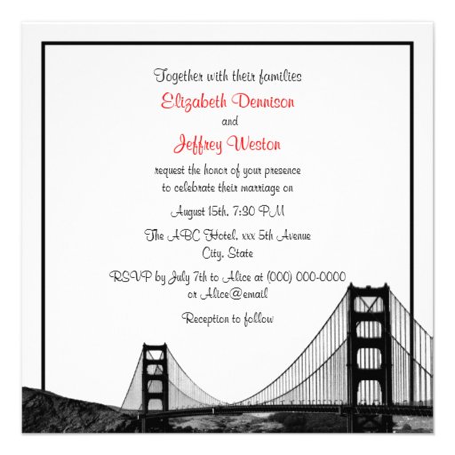 San Fran Skyline Etched BW SQ Red Wedding Custom Invites