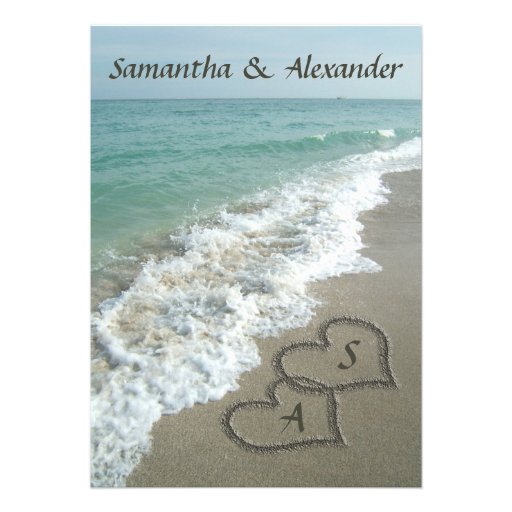 Sand Hearts Initials, Beach Destination Wedding Personalized Announcement