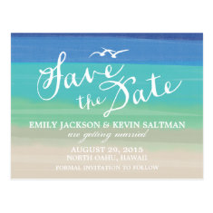 Sand, Sea & Seafulls | Painted Ocean Save the Date Postcards