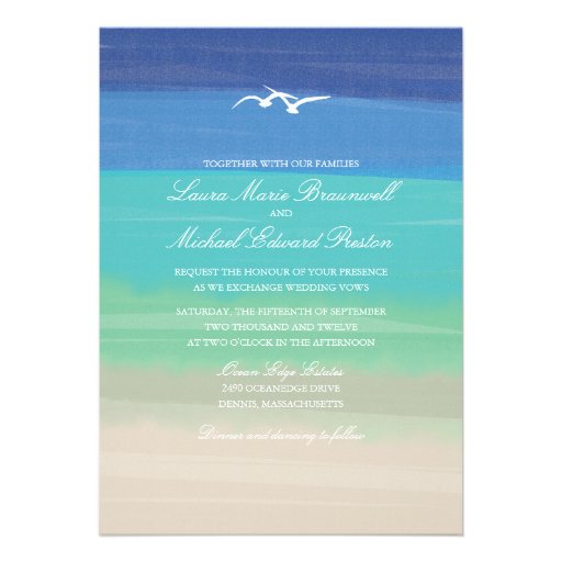 Sand, Sea & Seagulls | Painted Ocean Wedding Custom Invites (front side)