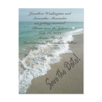 Sand Writing on the Beach Save the Date Postcard postcard