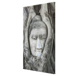 Sandstone head of Buddha surrounded by tree Stretched Canvas Print