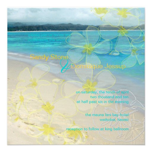 Sandy beach/plumerias destination wedding custom invites