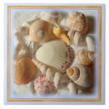 Sandy Beach, Tropical Seashells Ceramic Tile