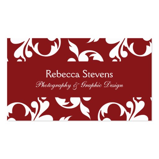 Sangria Red and White Swirling Vine Business Card (front side)