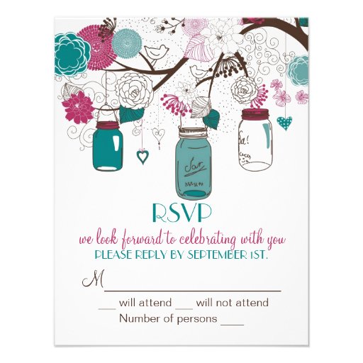 Sangria & Teal Mason Jars RSVP Wedding Invitation