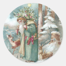 Santa and Forest Animals Vintage Christmas Round Stickers