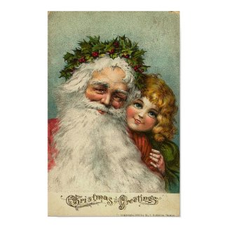 Santa and Little Girl Christmas Greetings Card print