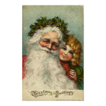 Santa and Little Girl Christmas Greetings Card Posters