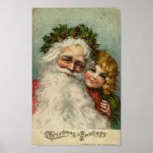 Santa and Little Girl Christmas Greetings Card Posters