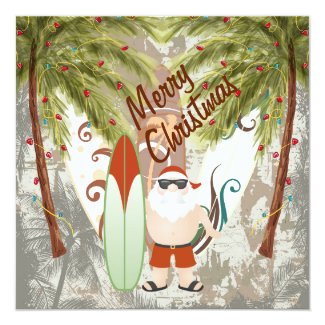 Santa and Surfboard Beach Merry Christmas Greeting 5.25x5.25 Square Paper Invitation Card