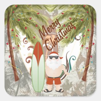 Santa and Surfboard Merry Christmas Beach Square Sticker
