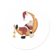 Santa Asleep on Moon Round Stickers