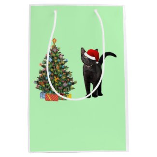 Santa Cat And Christmas Tree Medium Gift Bag