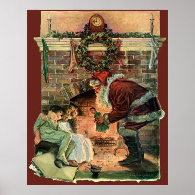 Santa Claus and Sleeping Children by the Fireplace Print