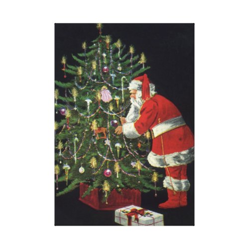 Santa Claus Lighting Candles on the Christmas Tree Stretched Canvas Print