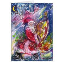 SANTA CLAUS PLAYING HARP IN THE MOONLIGHT GREETING CARD