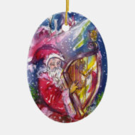SANTA CLAUS PLAYING HARP IN THE MOONLIGHT Red Ruby Ornaments