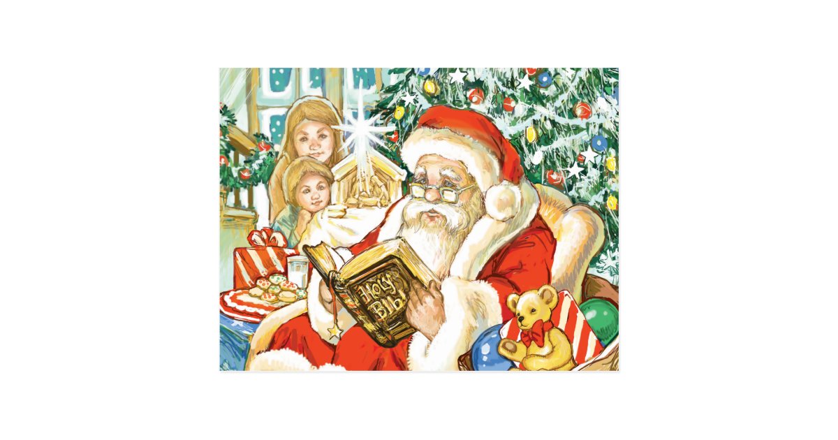 Santa Claus Reading the Bible on Christmas Eve Postcard Zazzle