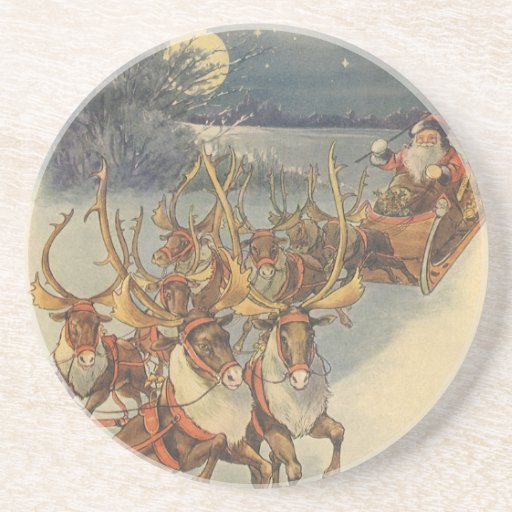 Santa Claus Reindeer Delivering Toys Christmas Eve Coasters